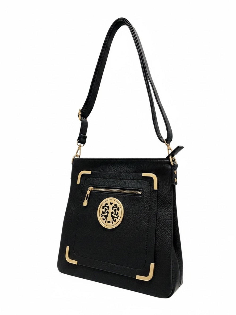 Black Leather Crossbody Bag with Gold Medallion Accent